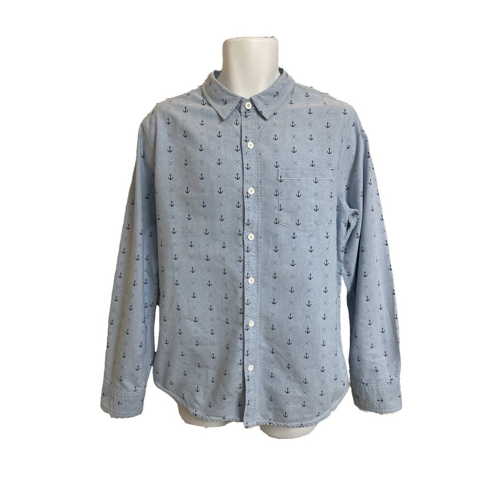 Modern Amusement Shirt Men's M Blue Button Up Anchor Design Long Sleeve